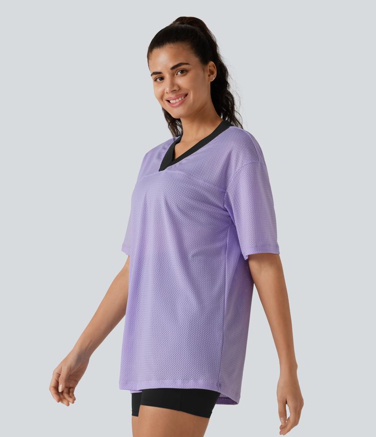 V-neck Color Block Breathable Mesh Loose Fit Training Sports Top
