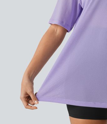 V-neck Color Block Breathable Mesh Loose Fit Training Sports Top