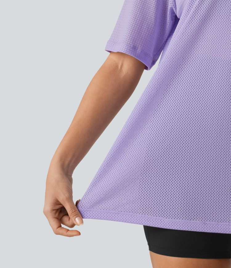 V-neck Color Block Breathable Mesh Loose Fit Training Sports Top