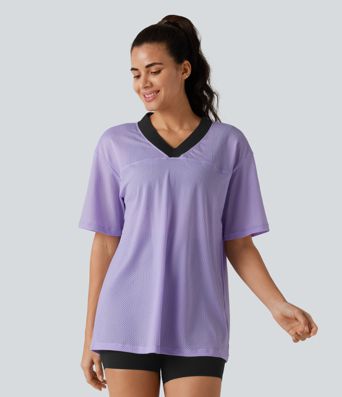 V-neck Color Block Breathable Mesh Loose Fit Training Sports Top