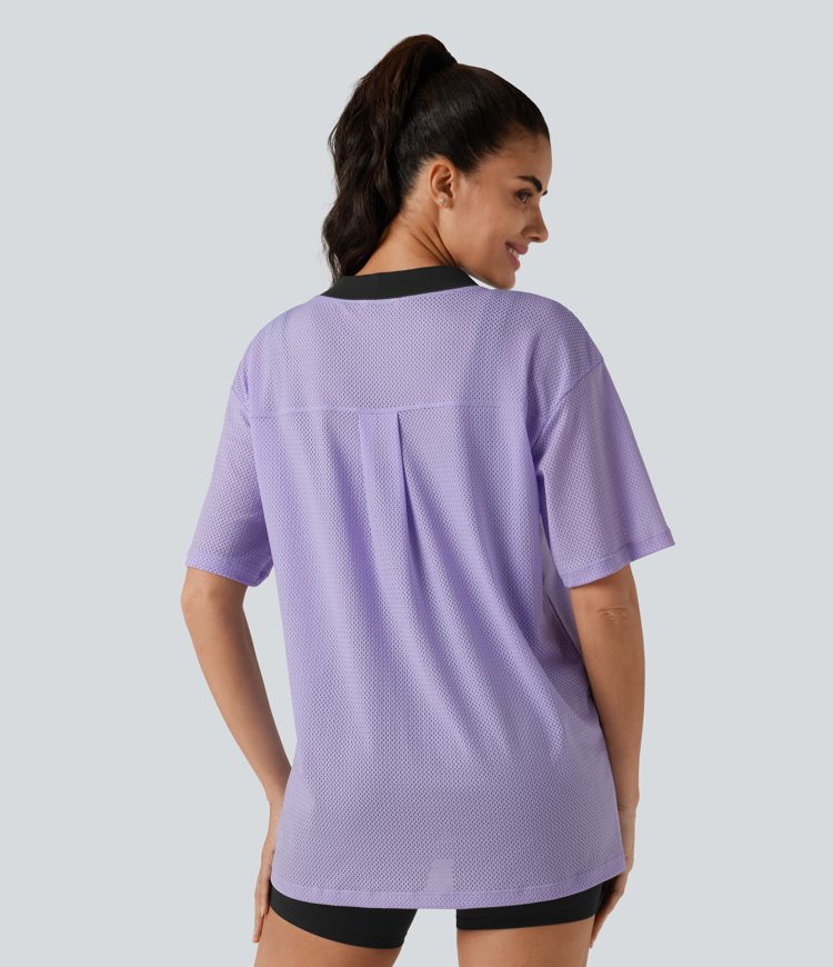 V-neck Color Block Breathable Mesh Loose Fit Training Sports Top