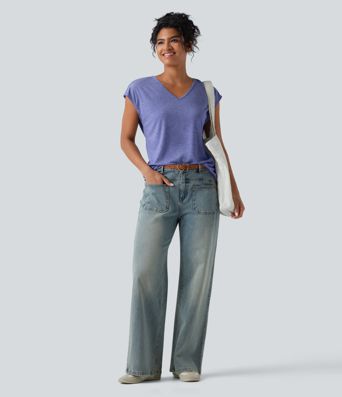 V Neck Short Sleeve Relaxed Heathered Casual T-Shirt