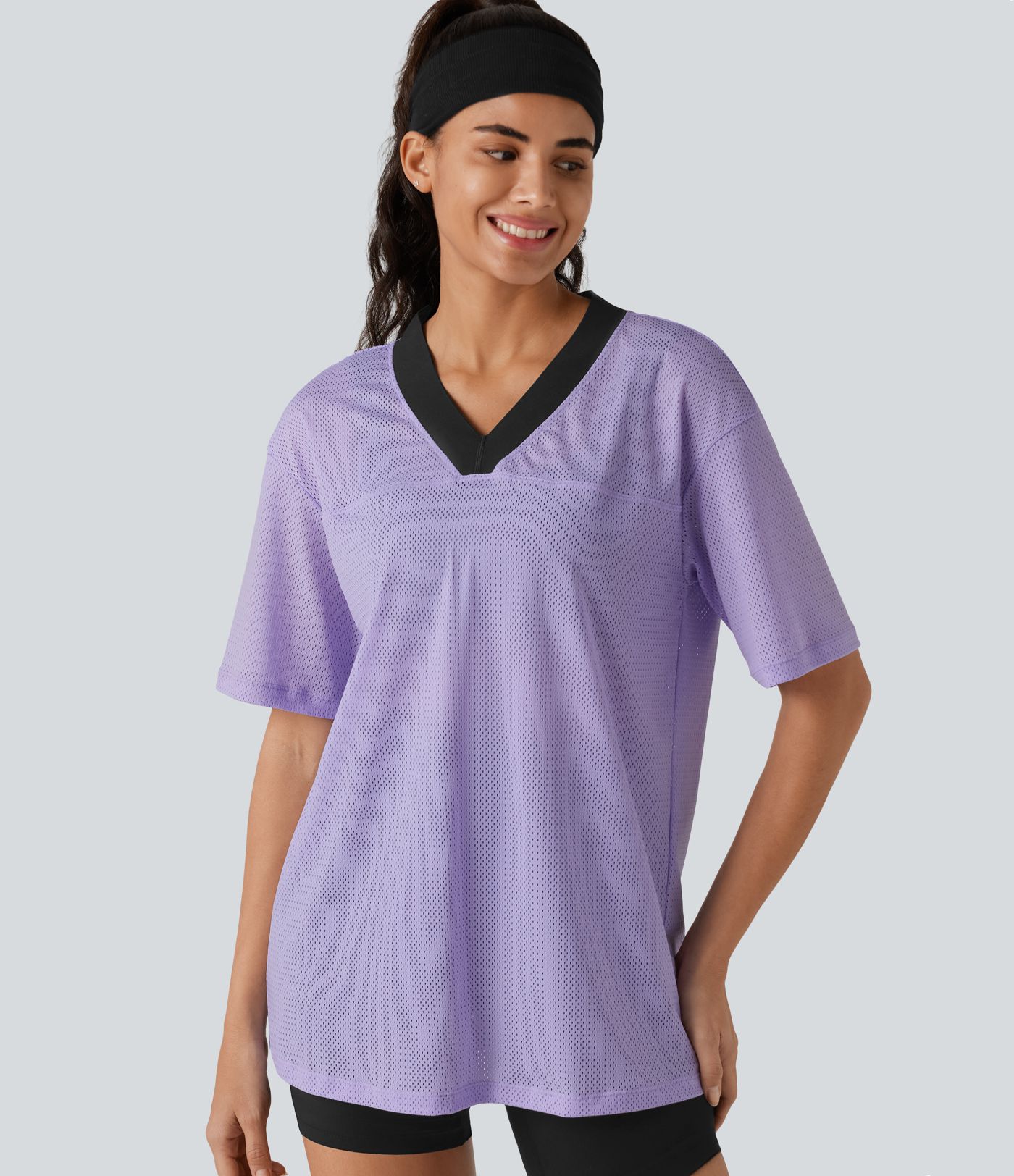 V-neck Color Block Breathable Mesh Loose Fit Training Sports Top