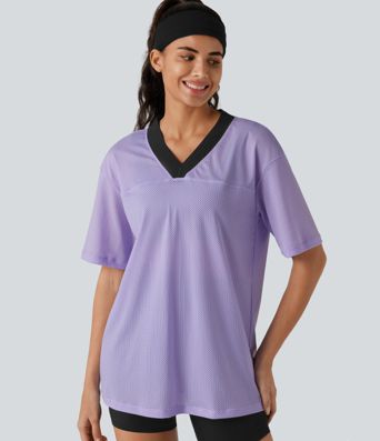 V-neck Color Block Breathable Mesh Loose Fit Training Sports Top