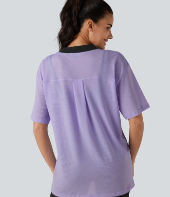 V-neck Color Block Breathable Mesh Loose Fit Training Sports Top