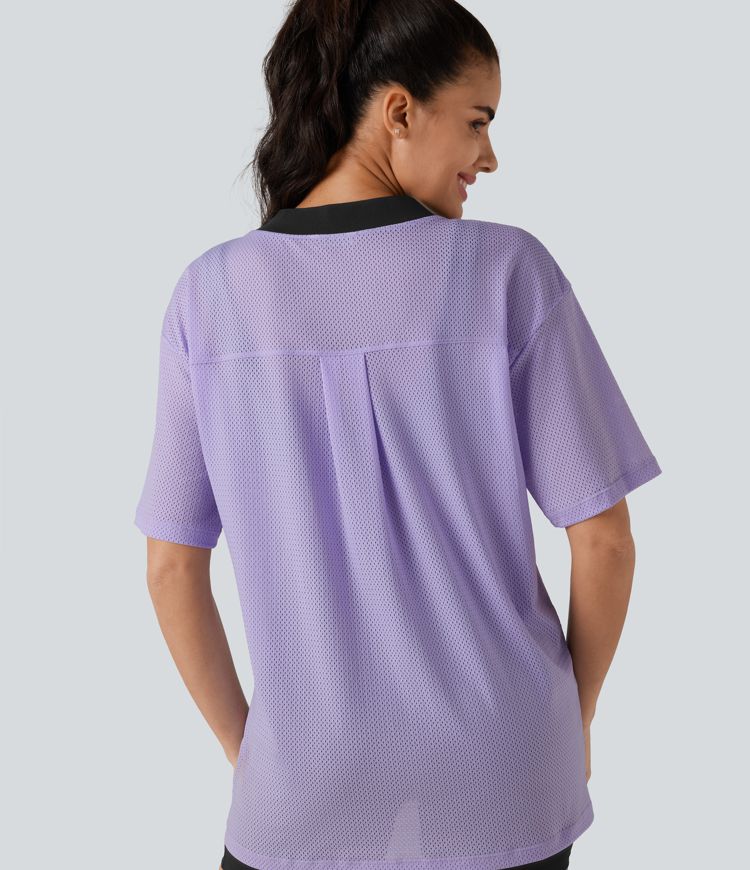 V-neck Color Block Breathable Mesh Loose Fit Training Sports Top