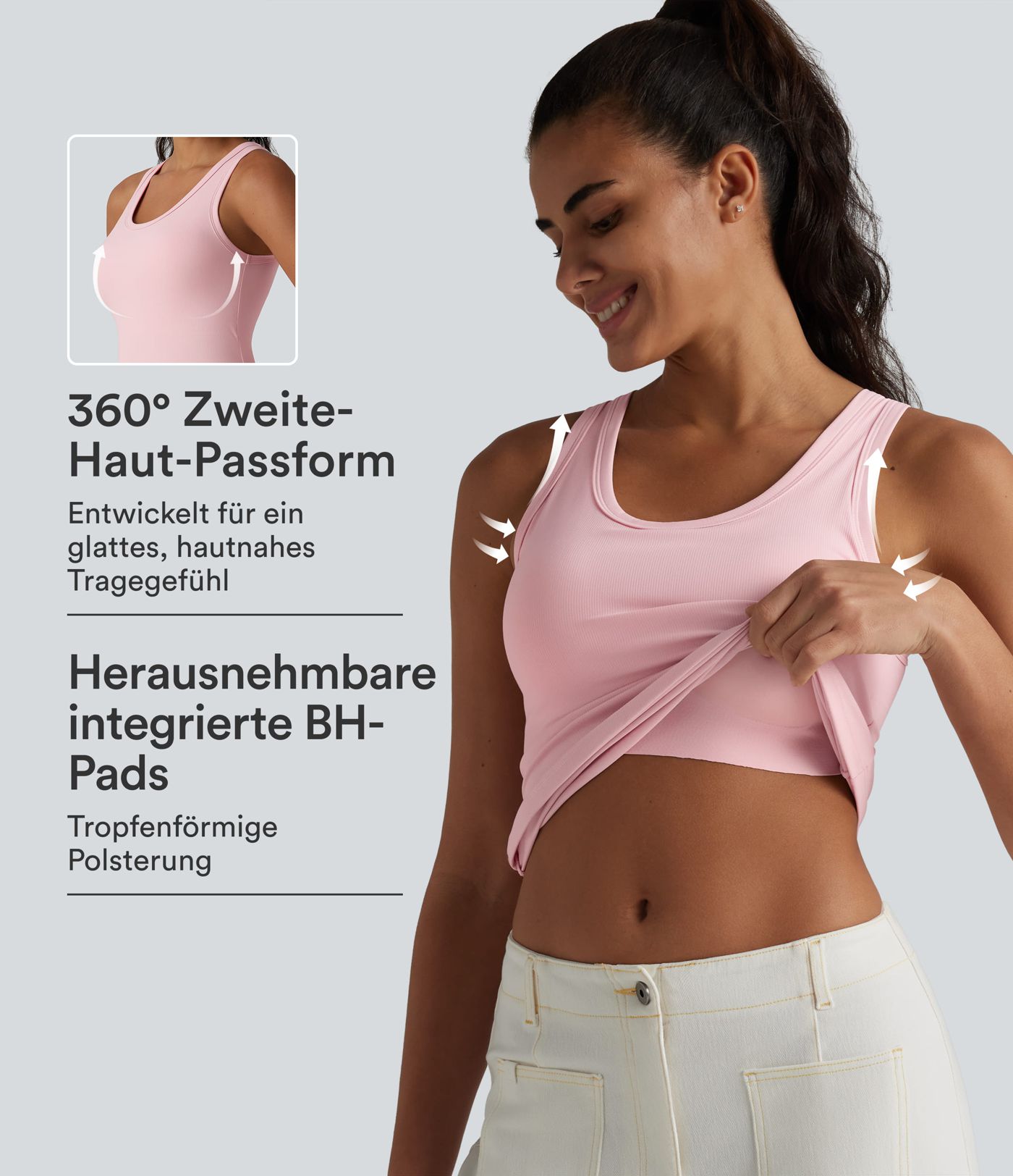 Tanktop aus geripptem Strick mit U-Ausschnitt und integriertem BH - B-E Cups Tanktop aus geripptem Strick mit U-Ausschnitt und integriertem BH - B-E Cups