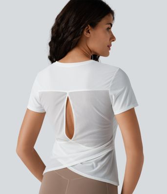 Round Neck Short Sleeve Contrast Mesh Running Sports Top