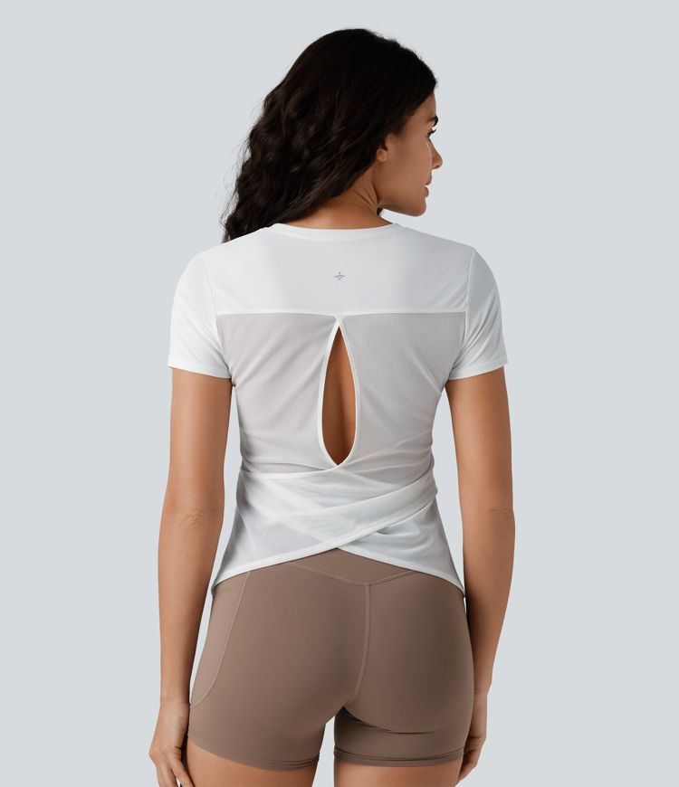 Round Neck Short Sleeve Contrast Mesh Running Sports Top