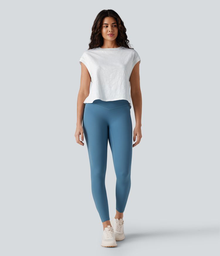 Round Neck Short Sleeve Relaxed Yoga Slubbed Cotton Sports Top