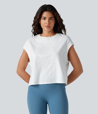 Round Neck Short Sleeve Relaxed Yoga Slubbed Cotton Sports Top