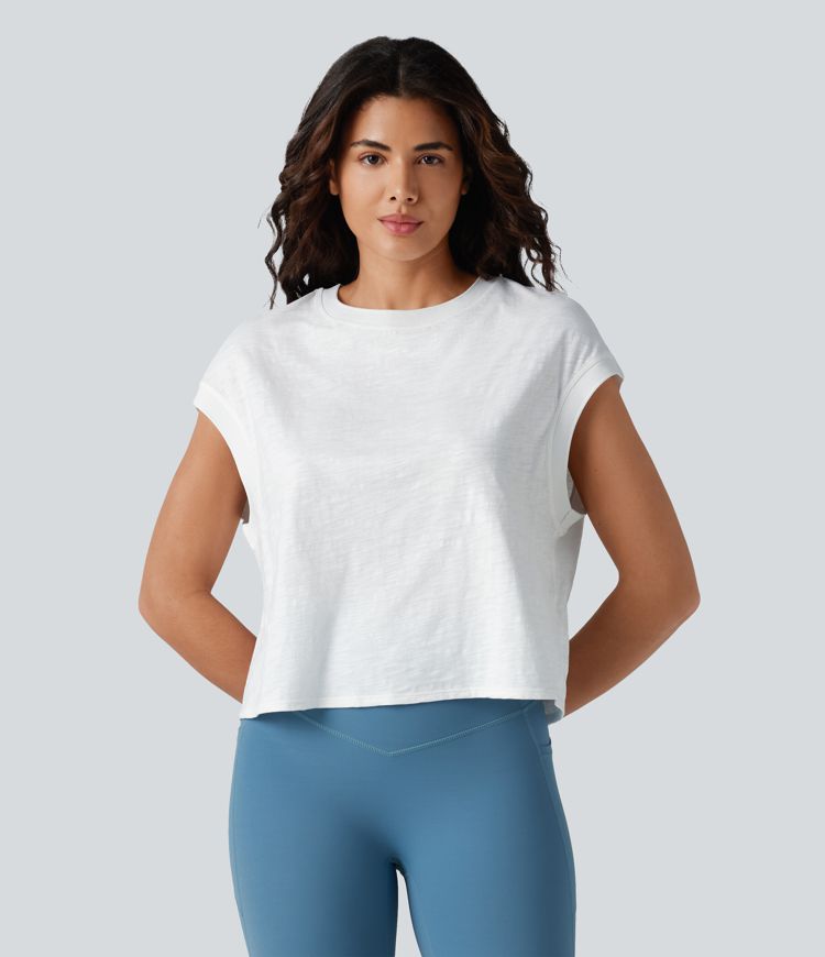Round Neck Short Sleeve Relaxed Yoga Slubbed Cotton Sports Top