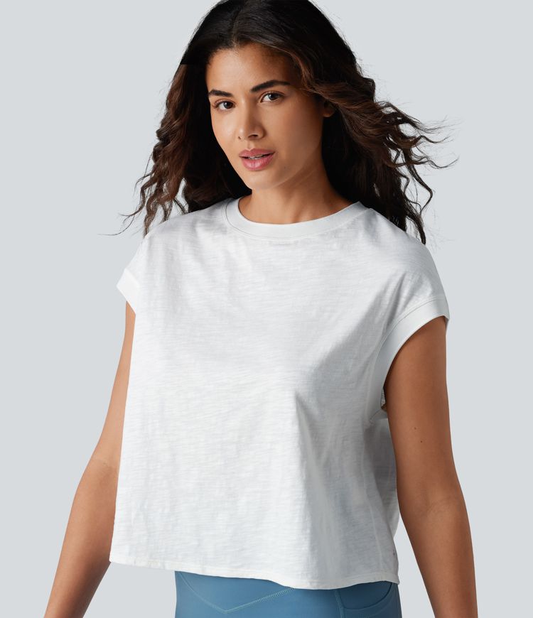 Round Neck Short Sleeve Relaxed Yoga Slubbed Cotton Sports Top