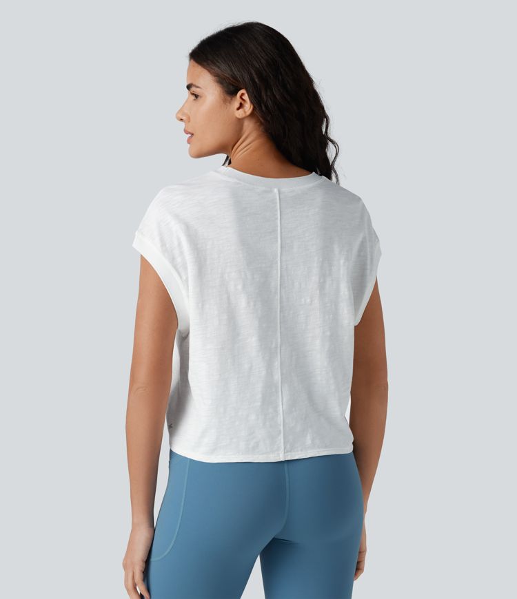 Round Neck Short Sleeve Relaxed Yoga Slubbed Cotton Sports Top