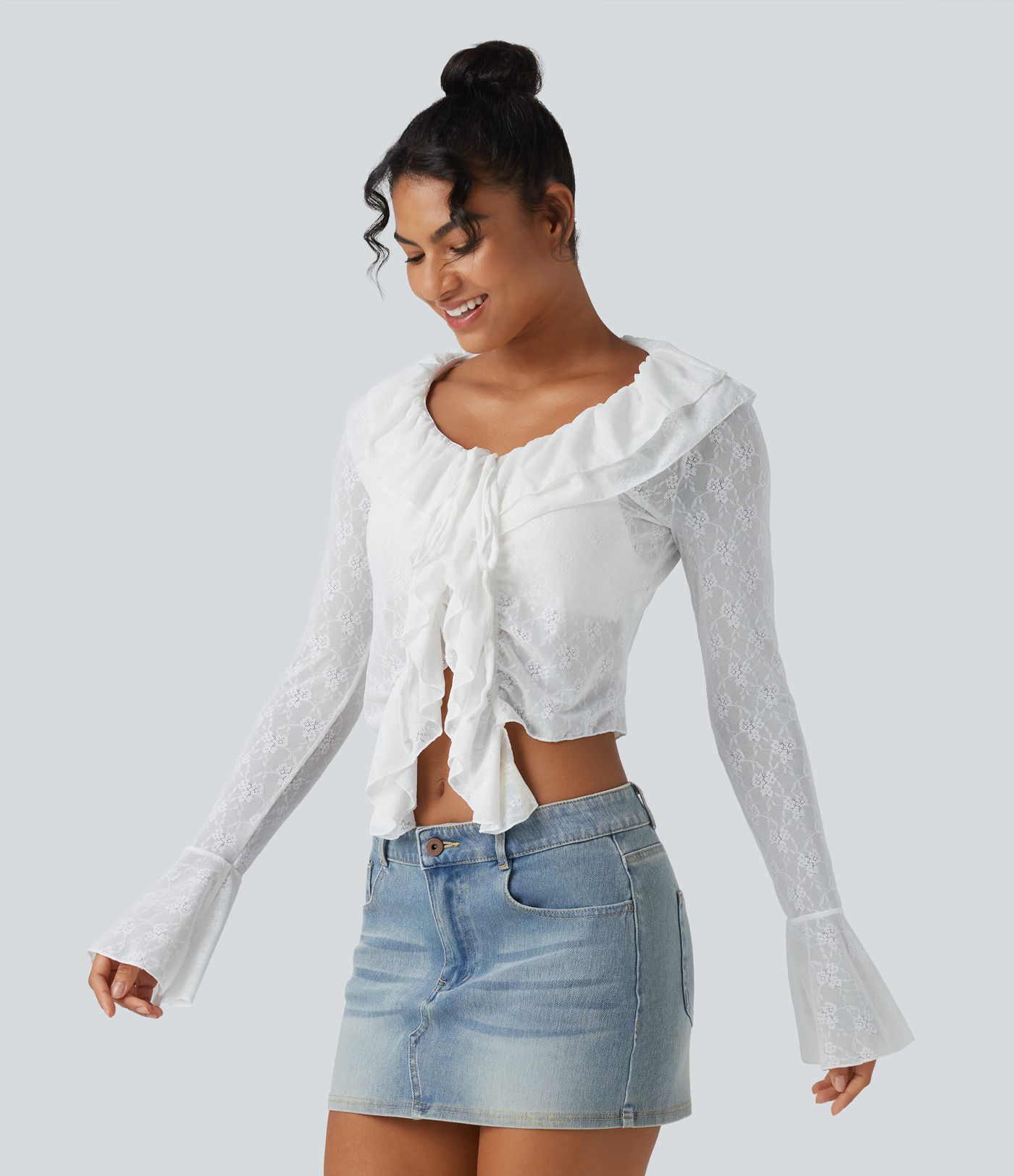 Tie-neck Flounce Long Sleeve  Asymmetric Ruffle Trim Casual Lace Top