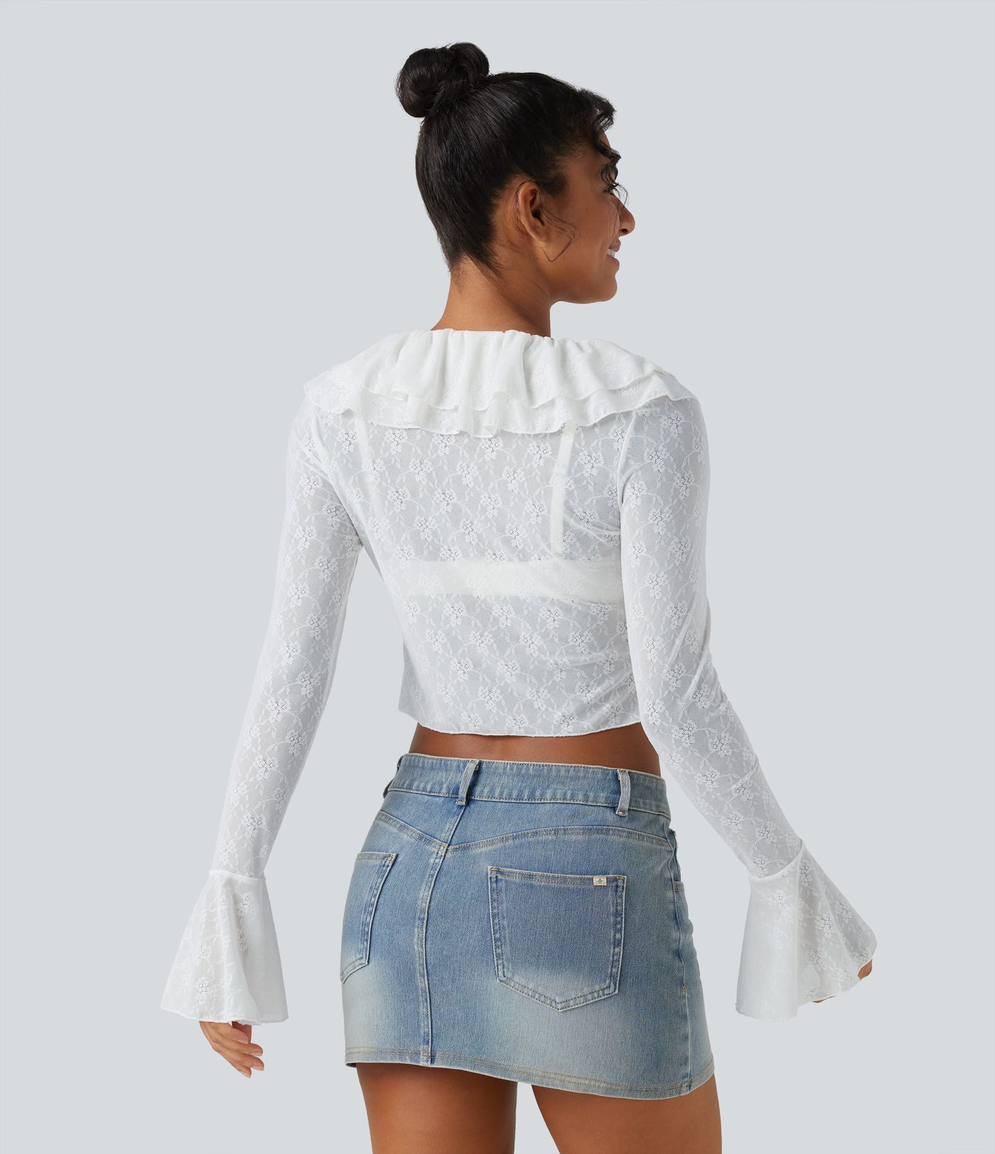 Tie-neck Flounce Long Sleeve  Asymmetric Ruffle Trim Casual Lace Top