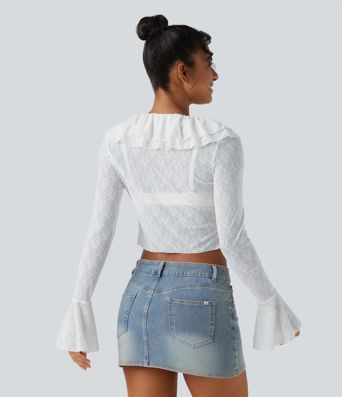 Tie-neck Flounce Long Sleeve  Asymmetric Ruffle Trim Casual Lace Top