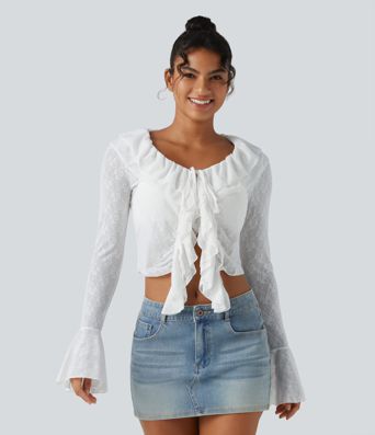 Tie-neck Flounce Long Sleeve  Asymmetric Ruffle Trim Casual Lace Top
