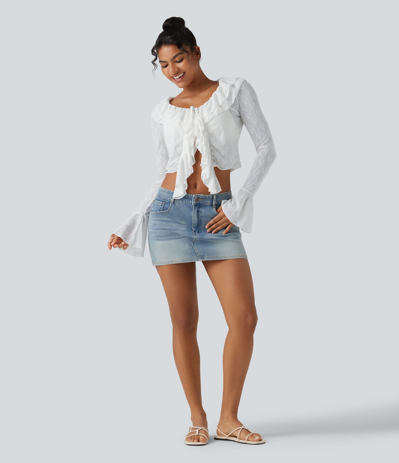 Tie-neck Flounce Long Sleeve  Asymmetric Ruffle Trim Casual Lace Top