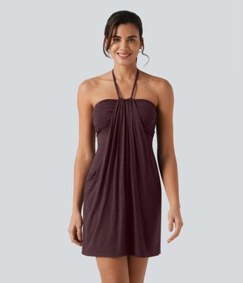 Halter Tie Back Mini Resort Dress with Pockets