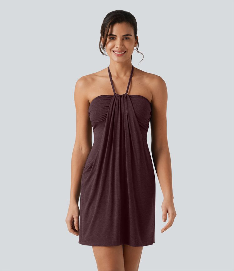 Halter Tie Back Mini Resort Dress with Pockets