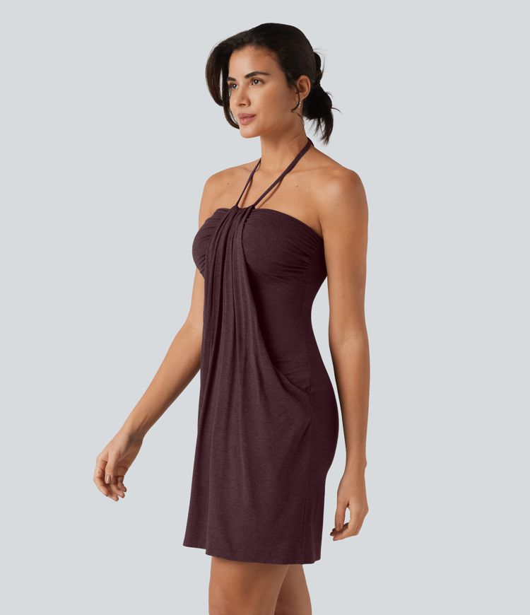 Halter Tie Back Mini Resort Dress with Pockets