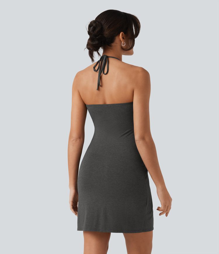 Halter Tie Back Mini Resort Dress with Pockets