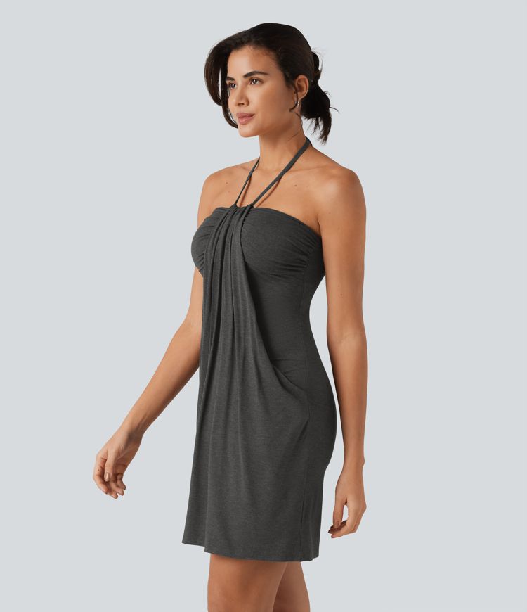 Halter Tie Back Mini Resort Dress with Pockets