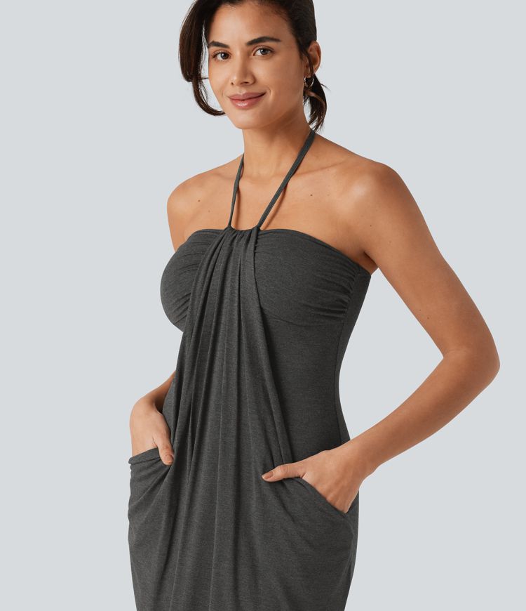 Halter Tie Back Mini Resort Dress with Pockets