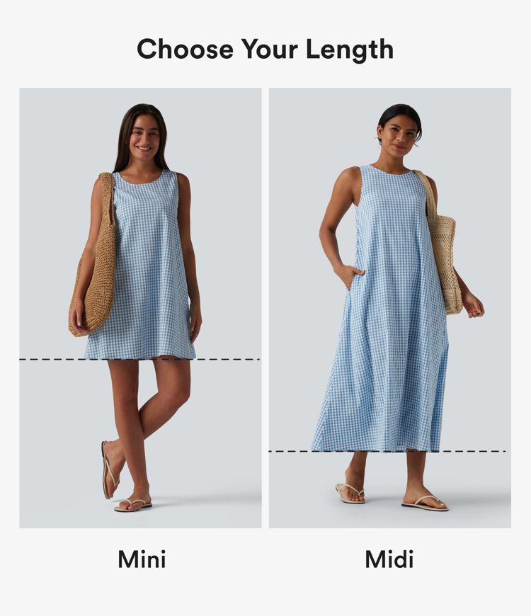 Round Neck Sleeveless Mini Crinkle Gingham Casual Tank Dress with Pockets
