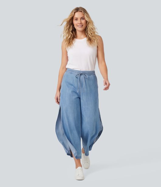 Mid Rise Drawstring Baggy Casual Jeans with Pockets