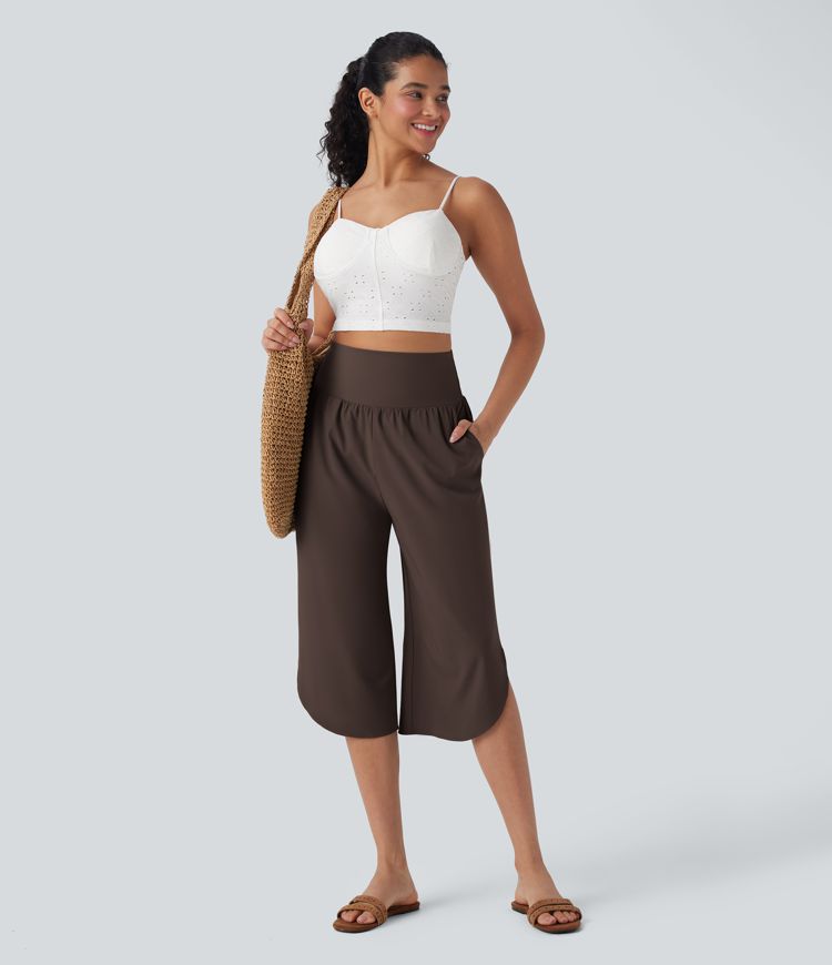 Breezeful™ High Waisted Tummy Control Hem Quick Dry Capri Trousers with Pockets