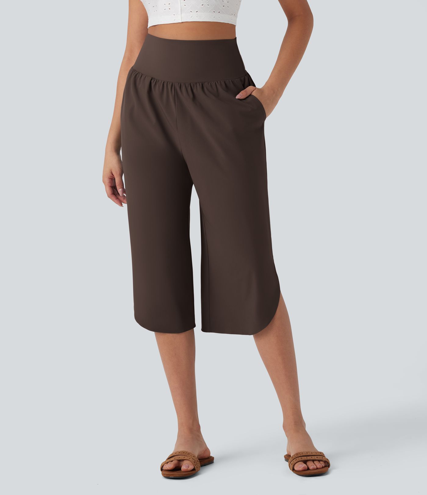 Breezeful™ High Waisted Tummy Control Hem Quick Dry Capri Trousers with Pockets