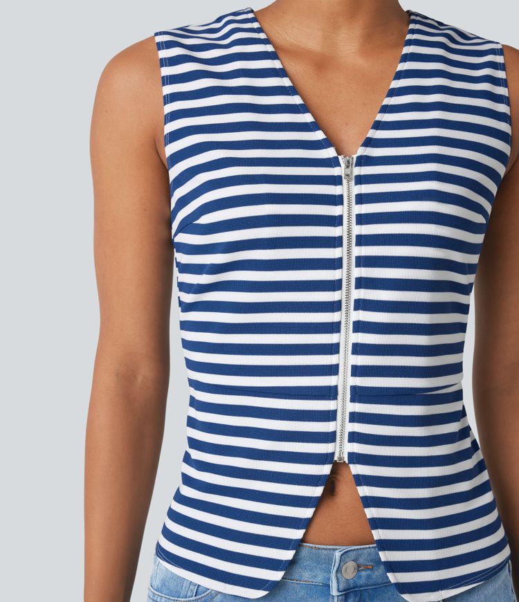V Neck Stripe Waffle Casual Vest