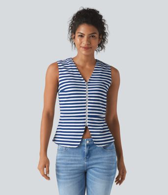 V Neck Stripe Waffle Casual Vest