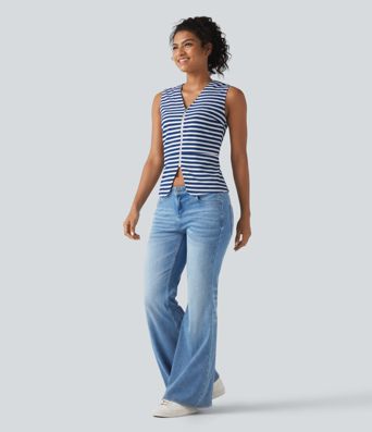 V Neck Stripe Waffle Casual Vest