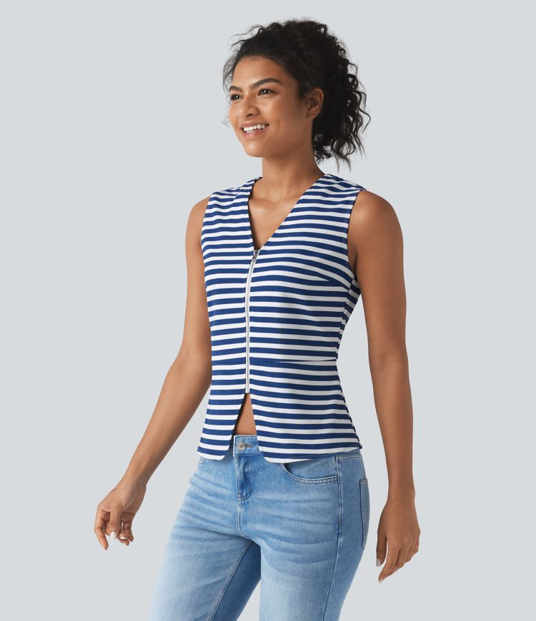 V Neck Stripe Waffle Casual Vest