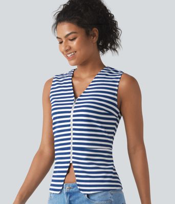 V Neck Stripe Waffle Casual Vest