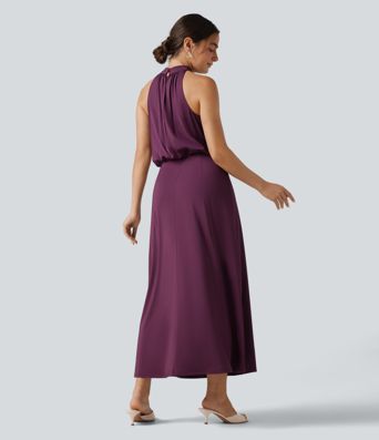 Mock Neck Sleeveless Keyhole Back Stretchy Satin-Like Cool Touch Midi Dress