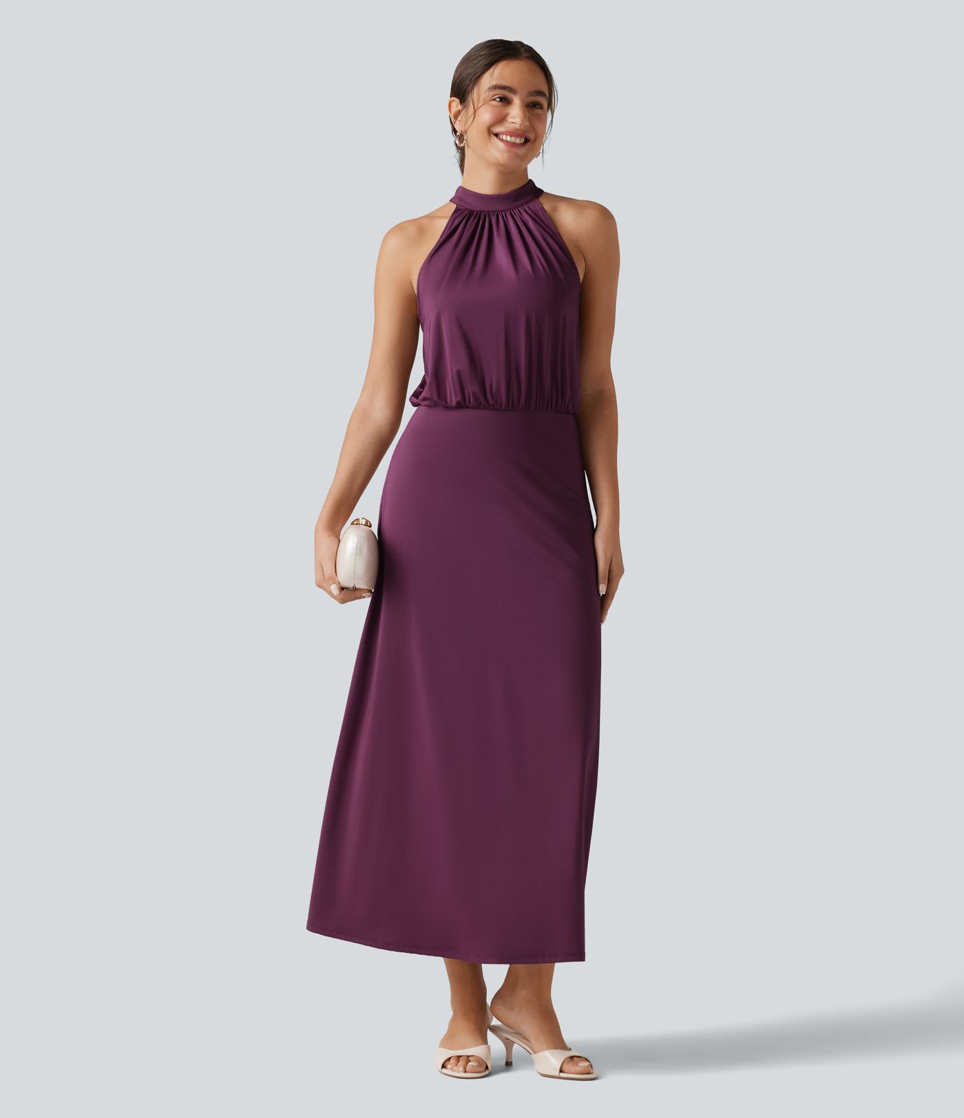 Mock Neck Sleeveless Keyhole Back Stretchy Satin-Like Cool Touch Midi Dress