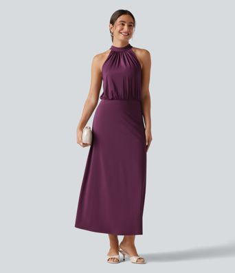 Mock Neck Sleeveless Keyhole Back Stretchy Satin-Like Cool Touch Midi Dress