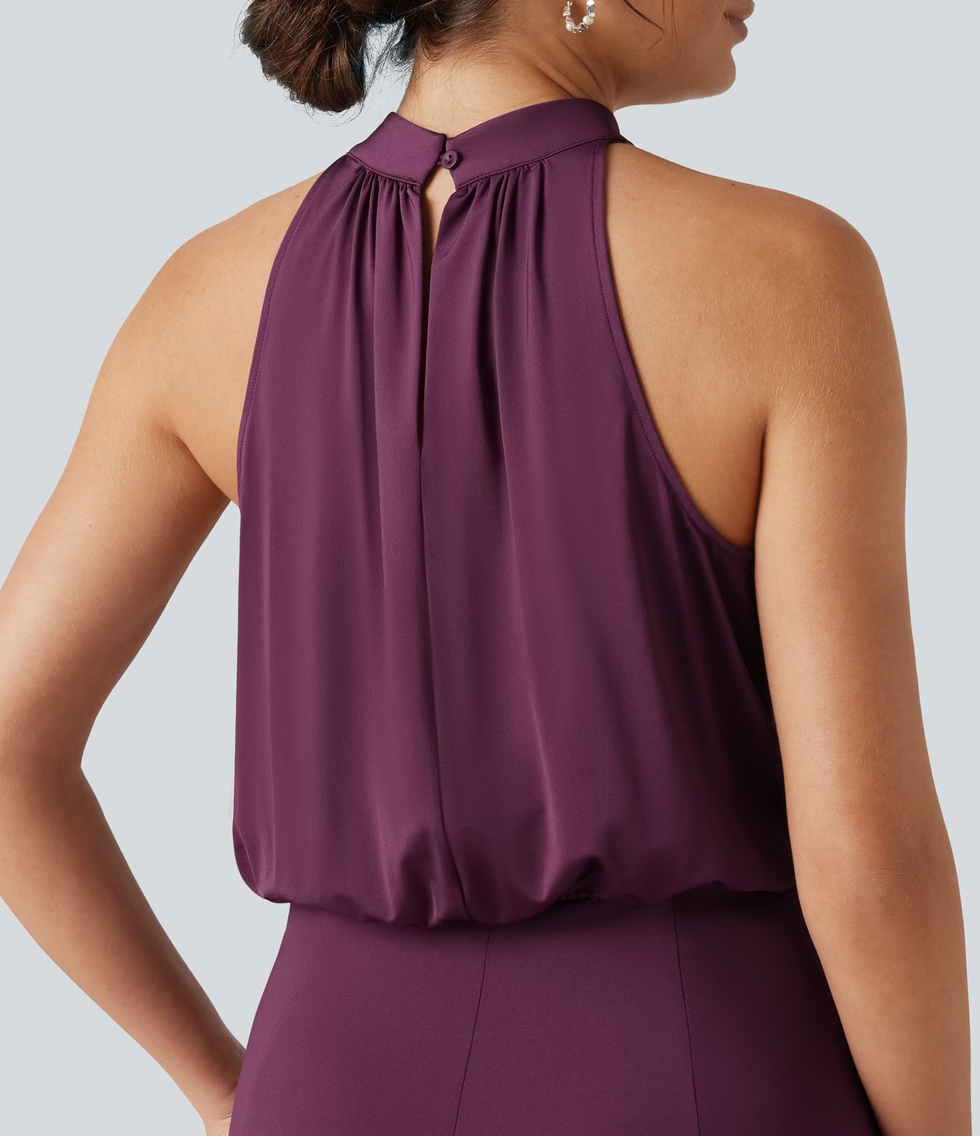 Mock Neck Sleeveless Keyhole Back Stretchy Satin-Like Cool Touch Midi Dress