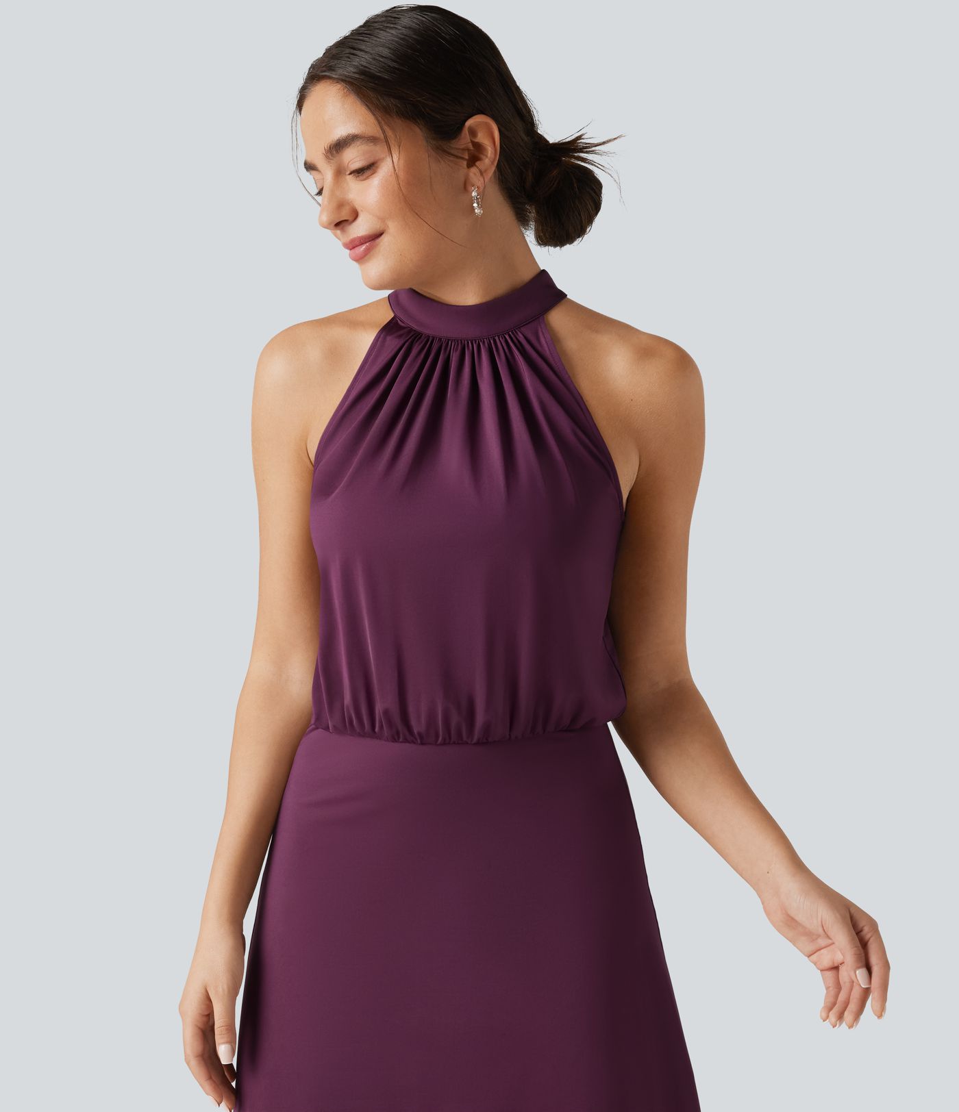 Mock Neck Sleeveless Keyhole Back Stretchy Satin-Like Cool Touch Midi Dress