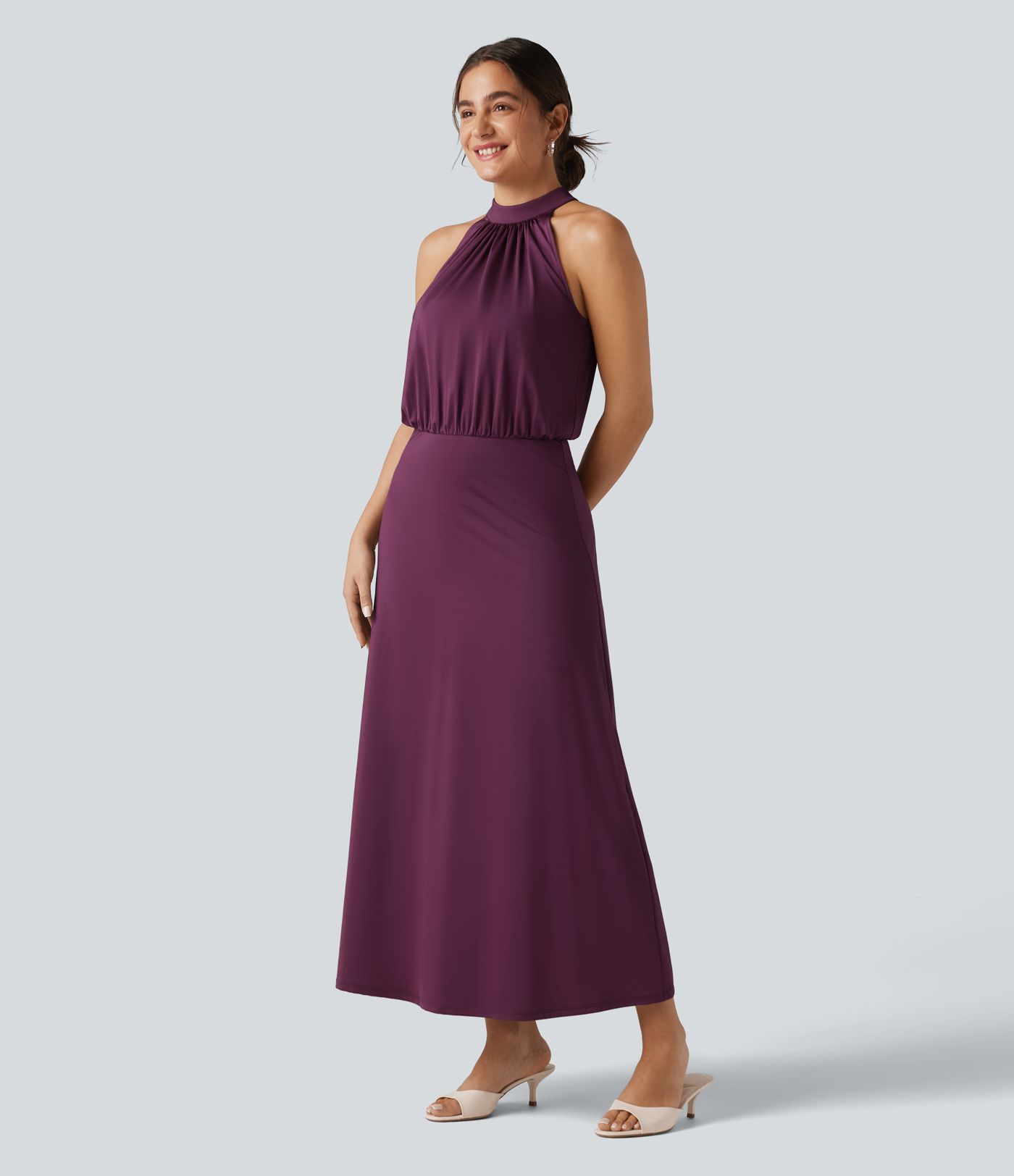 Mock Neck Sleeveless Keyhole Back Stretchy Satin-Like Cool Touch Midi Dress