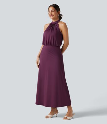 Mock Neck Sleeveless Keyhole Back Stretchy Satin-Like Cool Touch Midi Dress