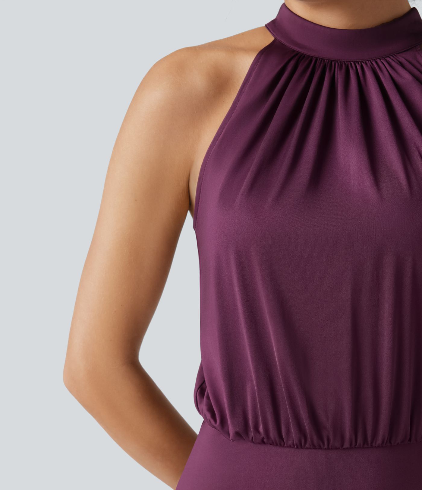 Mock Neck Sleeveless Keyhole Back Stretchy Satin-Like Cool Touch Midi Dress