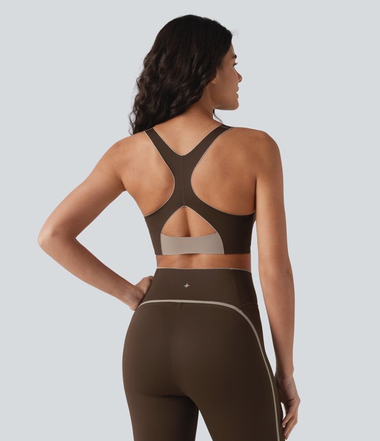Low Support U Neck Built-in Bra Racerback Color Block Workout Sports Bra