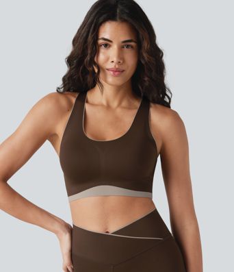 Low Support U Neck Built-in Bra Racerback Color Block Workout Sports Bra