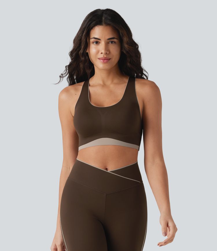 Low Support U Neck Built-in Bra Racerback Color Block Workout Sports Bra