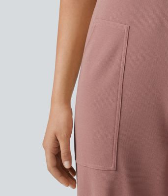 Square Neck Waffle Casual Tapered Overalls with Pockets